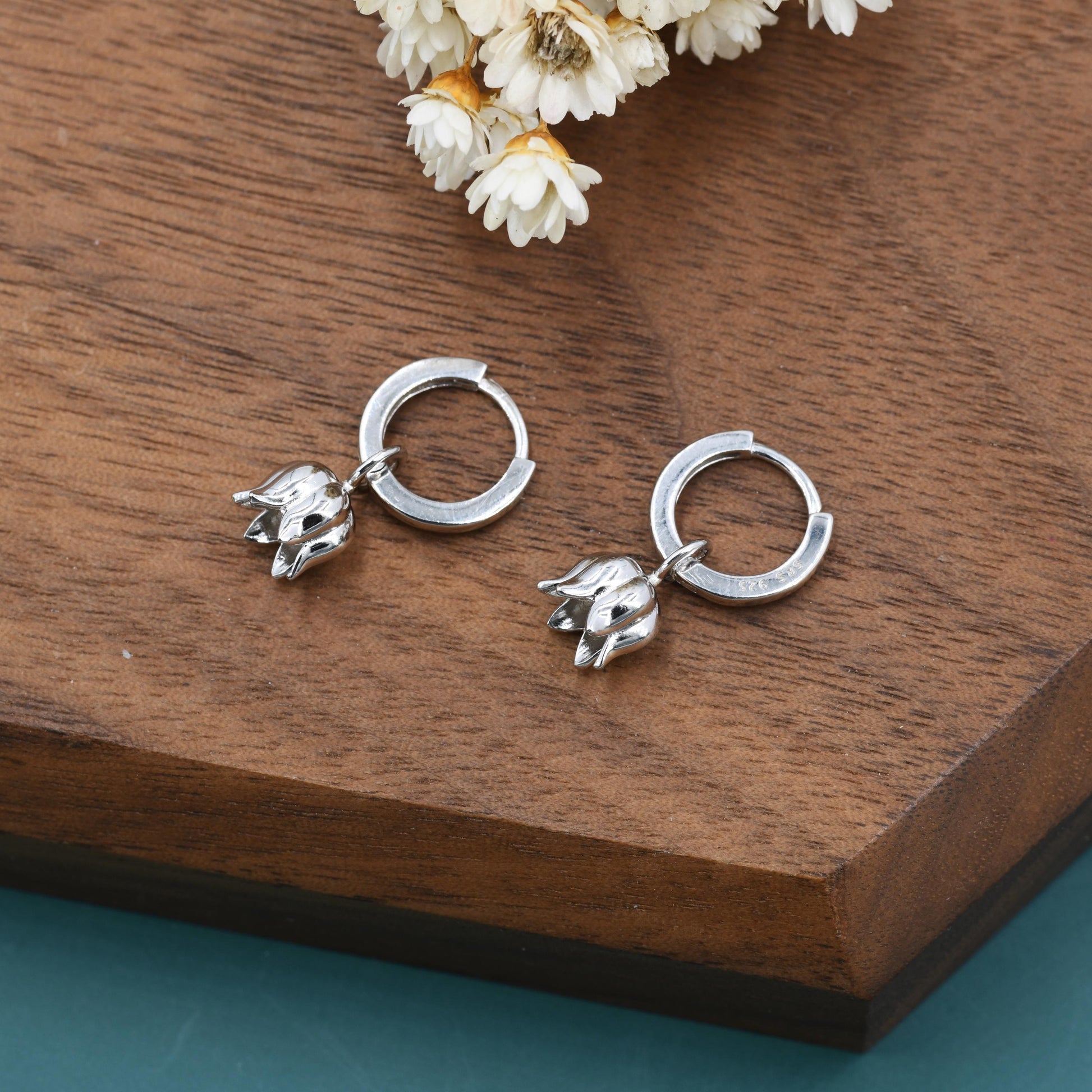 Lily of the Valley Flower Charm Huggie Hoop Earrings in Sterling Silver, Lily of the Valley Flower Dangle Earrings, Detachable Charms