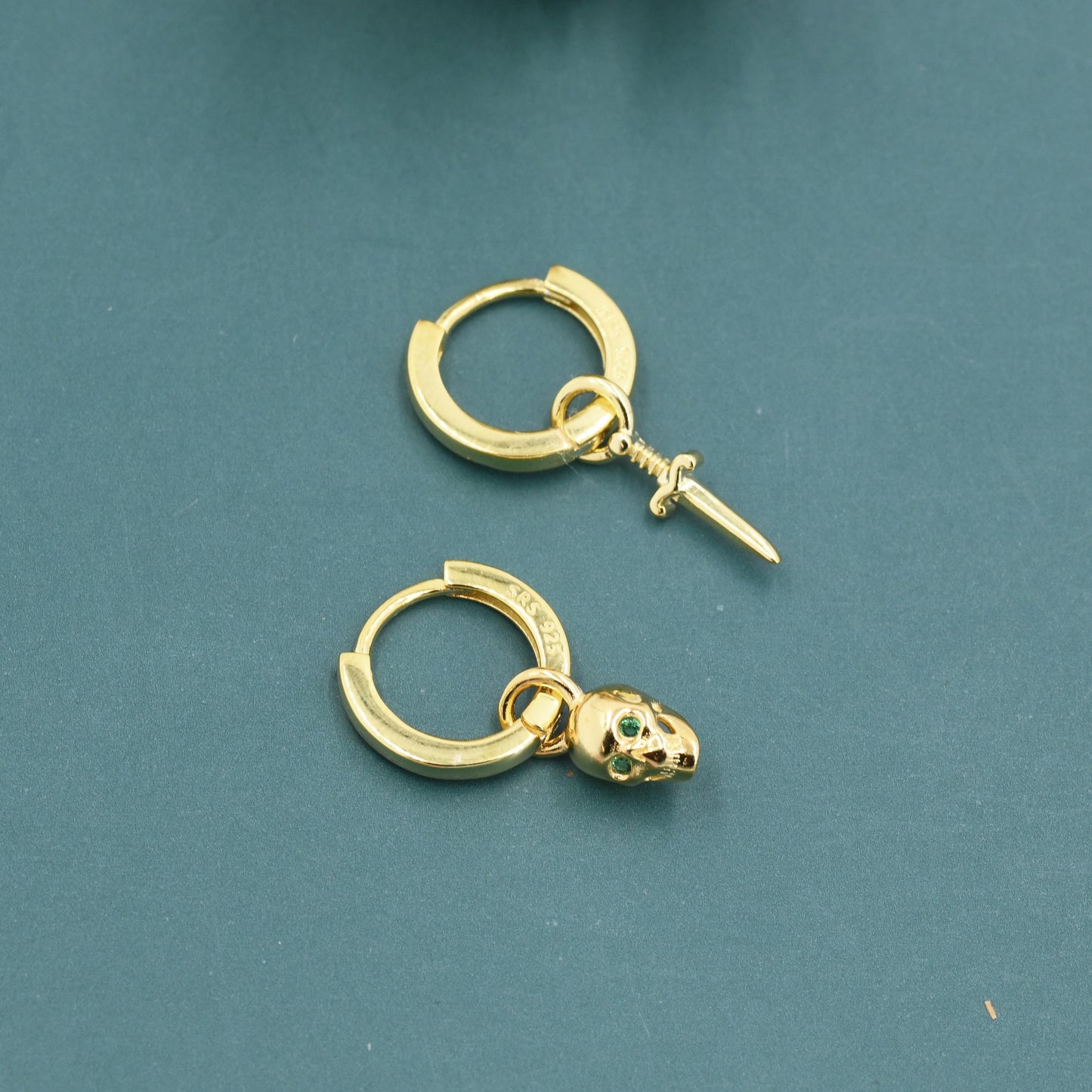 Mismatched Skull and Sword Huggie Hoop Earrings in Sterling Silver, Silver or Gold Finish, Detachable Skull and Sword Charm Hoop Earrings