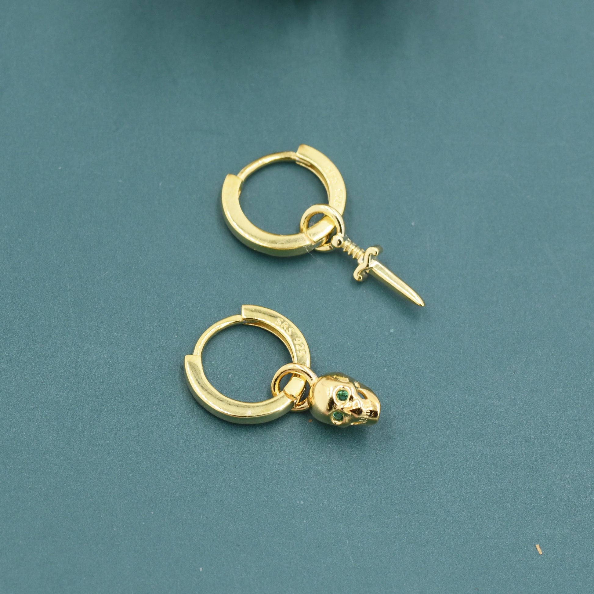 Mismatched Skull and Sword Huggie Hoop Earrings in Sterling Silver, Silver or Gold Finish, Detachable Skull and Sword Charm Hoop Earrings