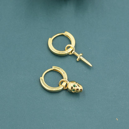 Mismatched Skull and Sword Huggie Hoop Earrings in Sterling Silver, Silver or Gold Finish, Detachable Skull and Sword Charm Hoop Earrings