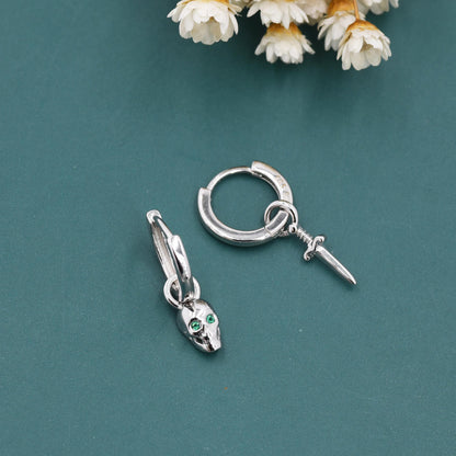 Mismatched Skull and Sword Huggie Hoop Earrings in Sterling Silver, Silver or Gold Finish, Detachable Skull and Sword Charm Hoop Earrings