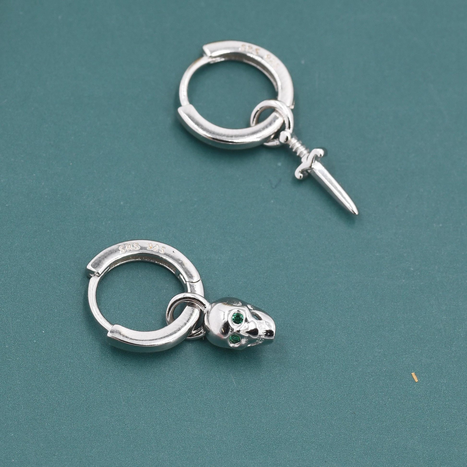 Mismatched Skull and Sword Huggie Hoop Earrings in Sterling Silver, Silver or Gold Finish, Detachable Skull and Sword Charm Hoop Earrings
