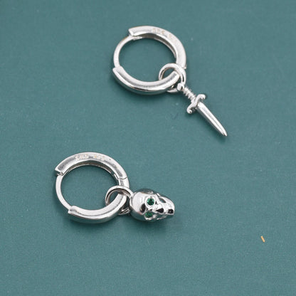 Mismatched Skull and Sword Huggie Hoop Earrings in Sterling Silver, Silver or Gold Finish, Detachable Skull and Sword Charm Hoop Earrings