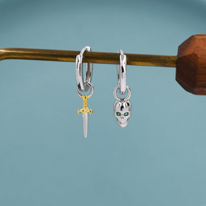 Mismatched Skull and Sword Huggie Hoop Earrings in Sterling Silver, Tiny Detachable Skull and Sword Charms, Silver Skull Hoop Earrings