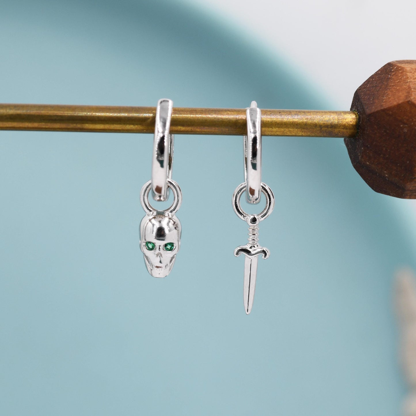 Mismatched Skull and Sword Huggie Hoop Earrings in Sterling Silver, Silver or Gold Finish, Detachable Skull and Sword Charm Hoop Earrings