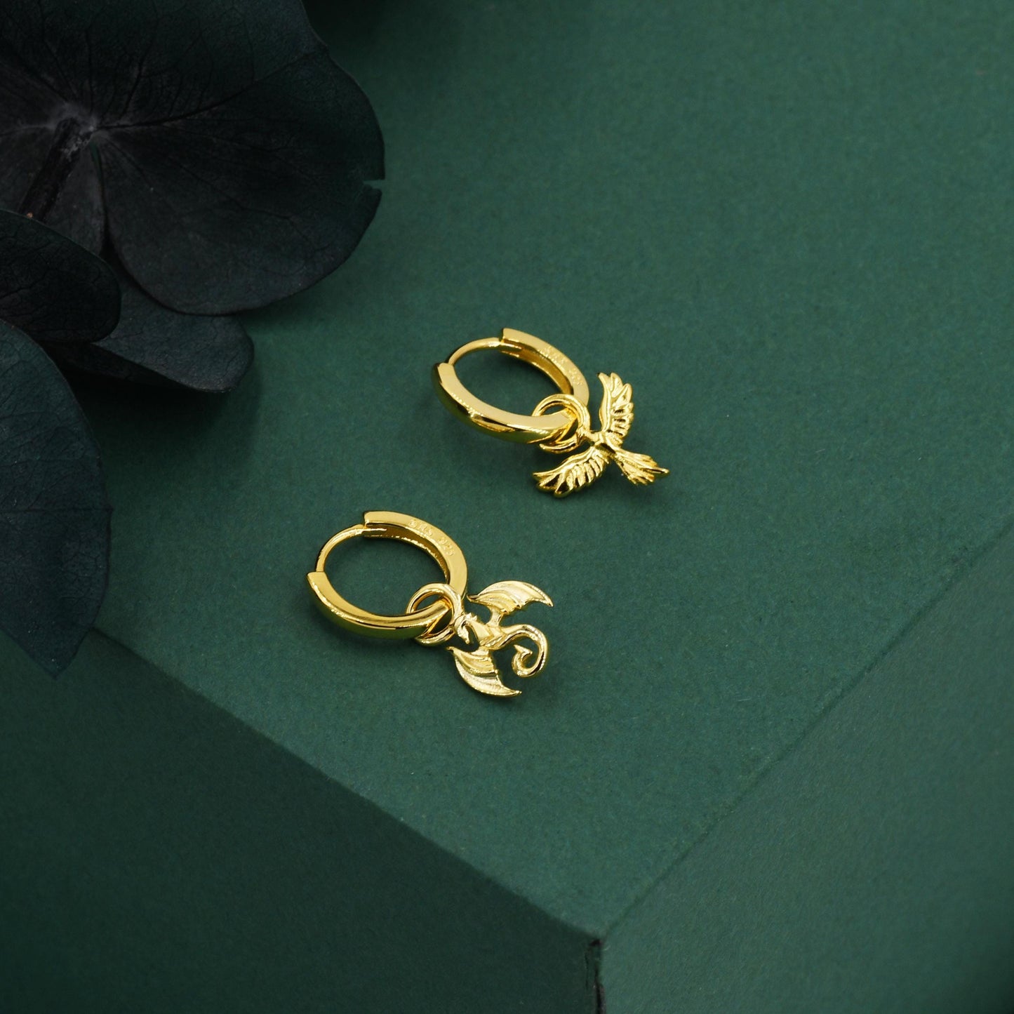 Mismatched Phoenix and Dragon Charm Huggie Hoop Earrings in Sterling Silver, Silver or Gold Finish, Phoenix Earrings, Detachable Charm Hoops