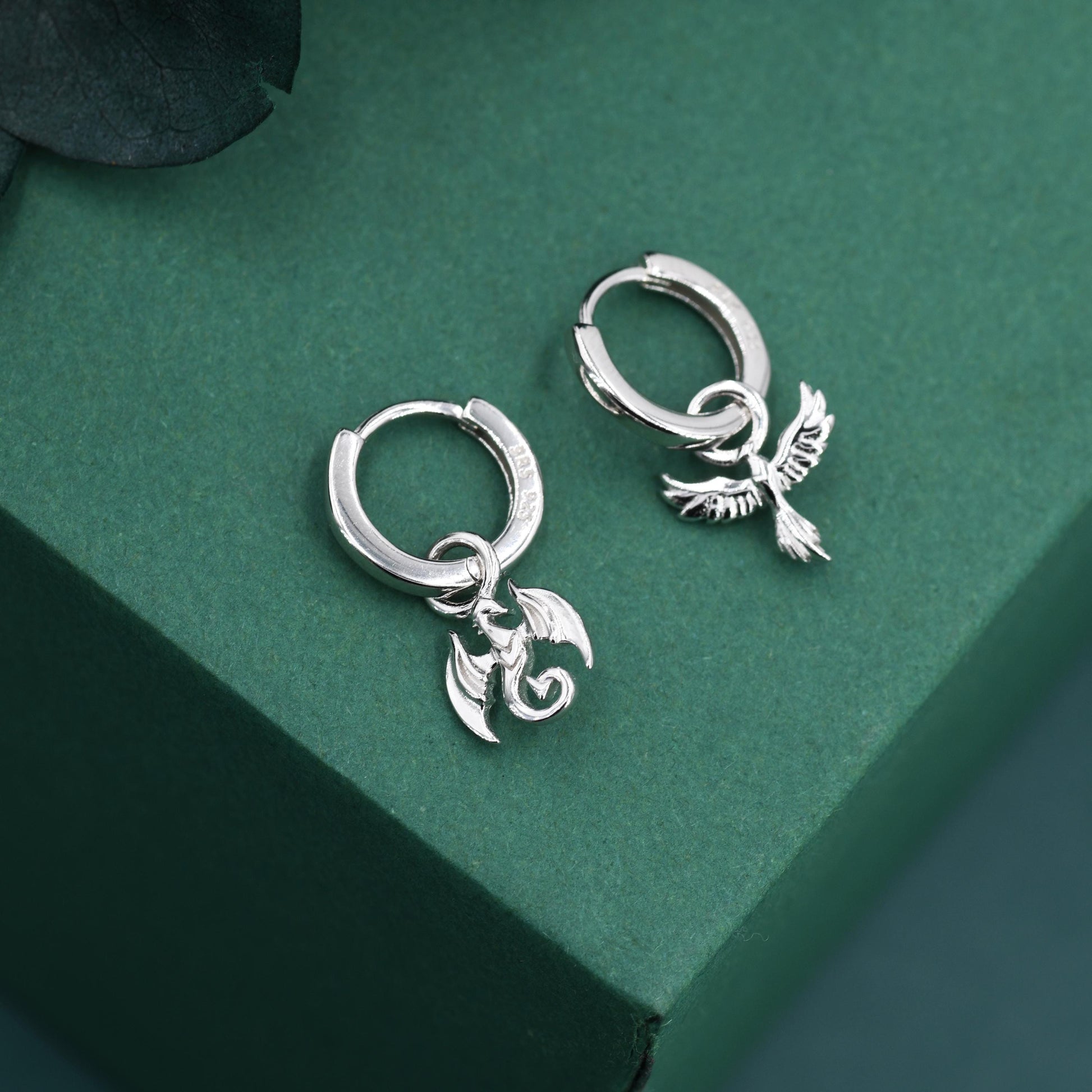 Mismatched Phoenix and Dragon Charm Huggie Hoop Earrings in Sterling Silver, Silver or Gold Finish, Phoenix Earrings, Detachable Charm Hoops