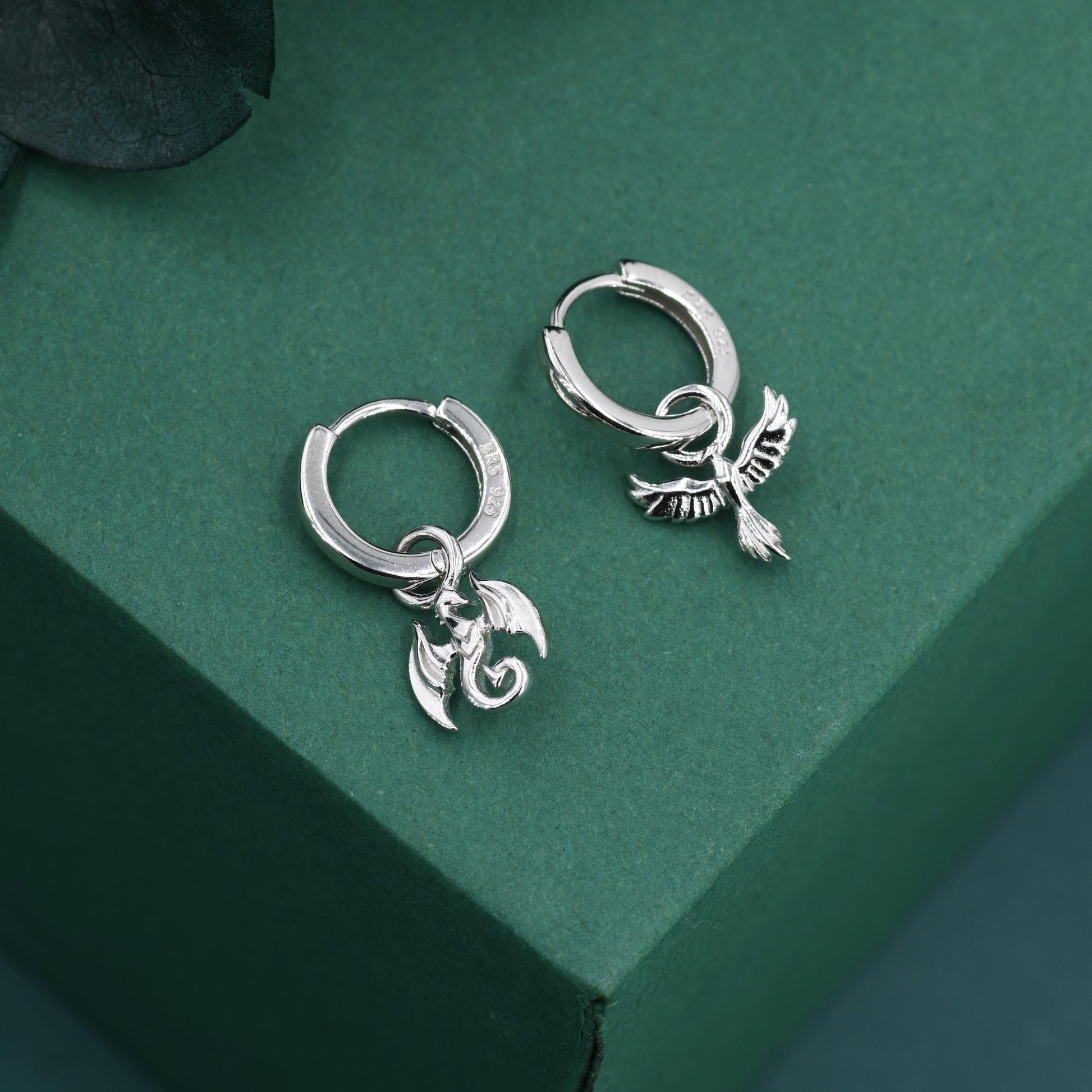 Mismatched Phoenix and Dragon Charm Huggie Hoop Earrings in Sterling Silver, Silver or Gold Finish, Phoenix Earrings, Detachable Charm Hoops