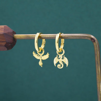 Mismatched Phoenix and Dragon Charm Huggie Hoop Earrings in Sterling Silver, Silver or Gold Finish, Phoenix Earrings, Detachable Charm Hoops