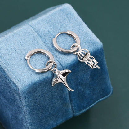 Mismatched Manta Ray Fish and Jellyfish Huggie Hoop Earrings, Asymmetric Stingray and Jellyfish Dangle Hoop Earrings, Fish Dangle Earrings