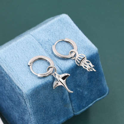 Mismatched Manta Ray Fish and Jellyfish Huggie Hoop Earrings, Asymmetric Stingray and Jellyfish Dangle Hoop Earrings, Fish Dangle Earrings