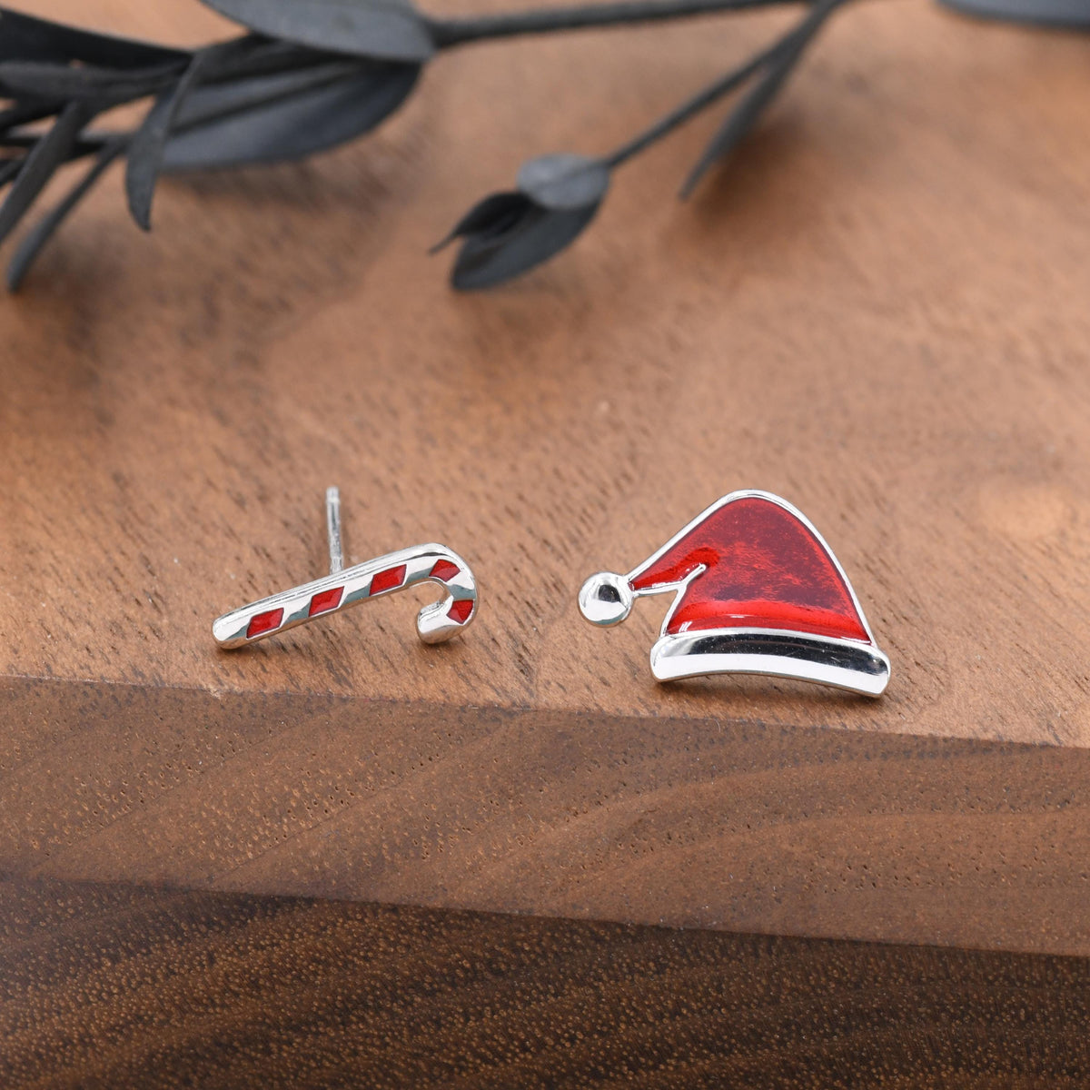 Mismatched Enamel Christmas Hat and Candy Cane Stud Earrings in Sterling Silver, Asymmetric Red Enamel Christmas Earrings, Christmas Gift