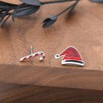 Mismatched Enamel Christmas Hat and Candy Cane Stud Earrings in Sterling Silver, Asymmetric Red Enamel Christmas Earrings, Christmas Gift