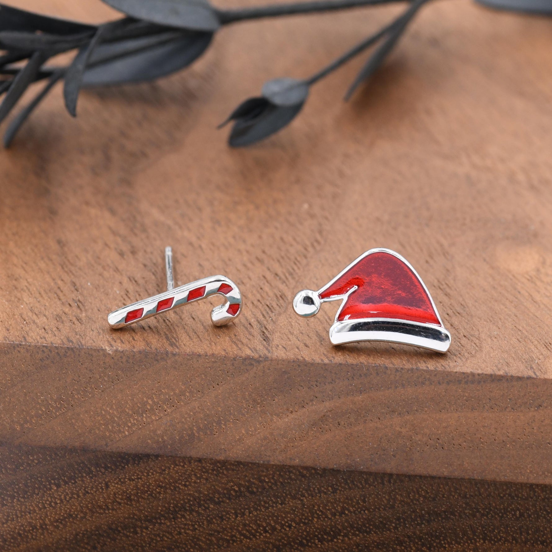 Mismatched Enamel Christmas Hat and Candy Cane Stud Earrings in Sterling Silver, Asymmetric Red Enamel Christmas Earrings, Christmas Gift