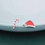 Mismatched Enamel Christmas Hat and Candy Cane Stud Earrings in Sterling Silver, Asymmetric Red Enamel Christmas Earrings, Christmas Gift