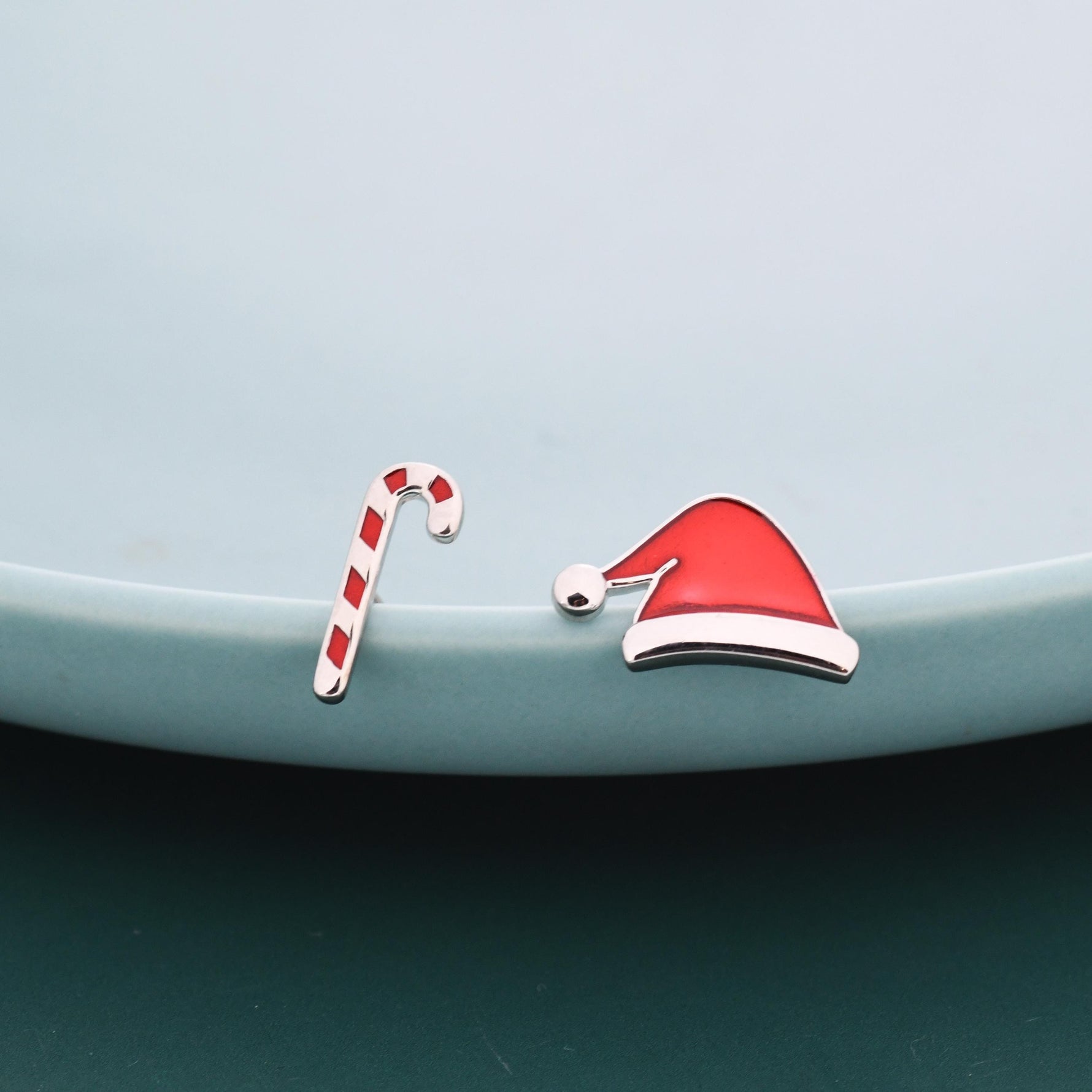 Mismatched Enamel Christmas Hat and Candy Cane Stud Earrings in Sterling Silver, Asymmetric Red Enamel Christmas Earrings, Christmas Gift