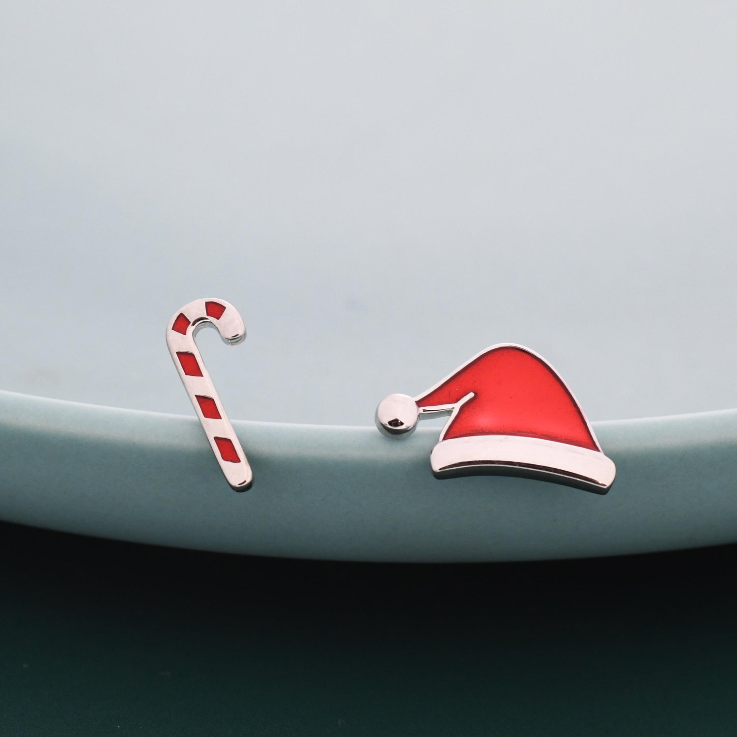 Mismatched Enamel Christmas Hat and Candy Cane Stud Earrings in Sterling Silver, Asymmetric Red Enamel Christmas Earrings, Christmas Gift
