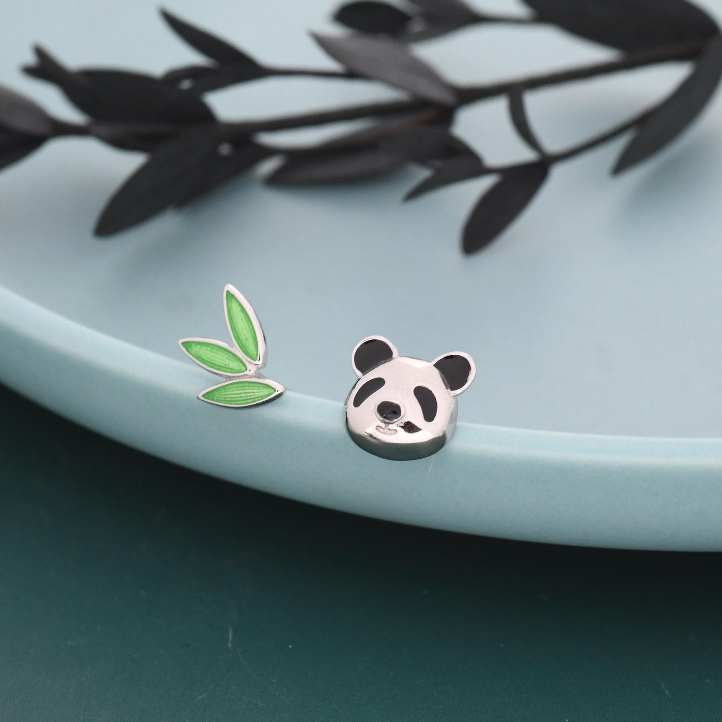 Mismatched Panda and Bamboo Leaf Stud Earrings in Sterling Silver, Asymmetric Panda and Bamboo Leaf Earrings, Nature Inspired