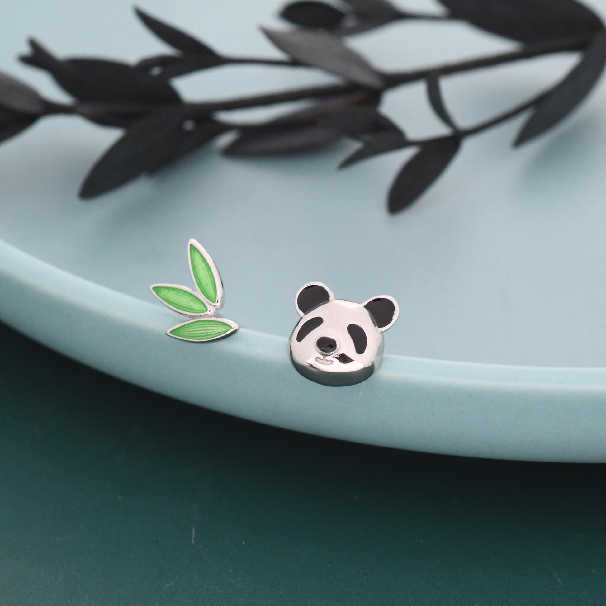 Mismatched Panda and Bamboo Leaf Stud Earrings in Sterling Silver, Asymmetric Panda and Bamboo Leaf Earrings, Nature Inspired