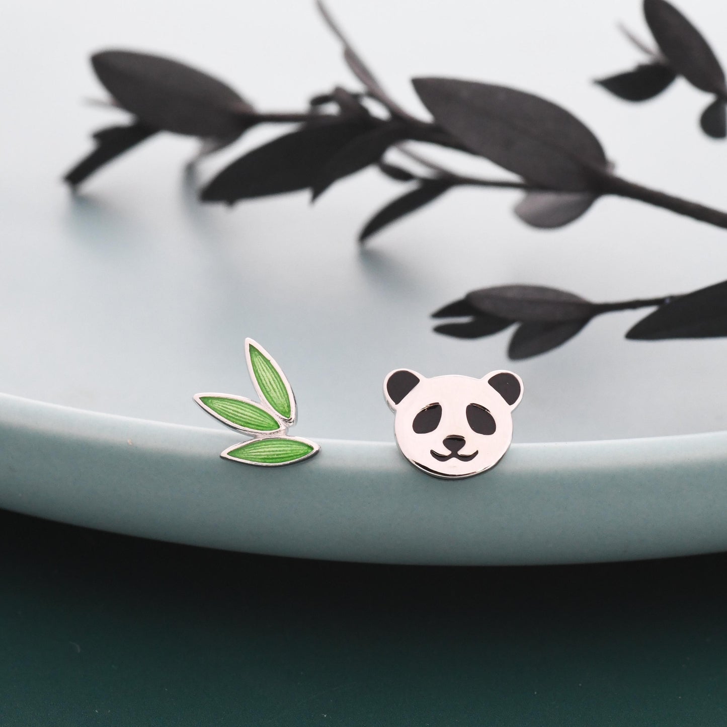 Mismatched Bamboo and Panda Leaf Stud Earrings in Sterling Silver, Asymmetric Panda and Bamboo Leaf Earrings, Nature Inspired