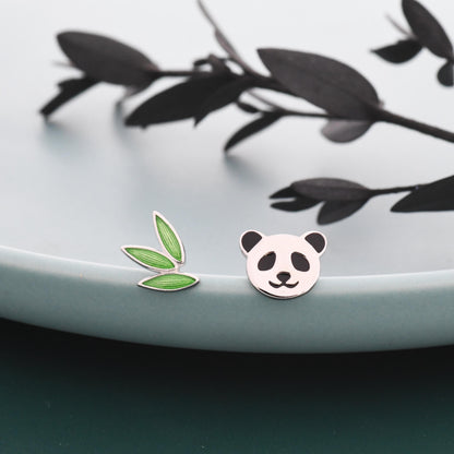 Mismatched Bamboo and Panda Leaf Stud Earrings in Sterling Silver, Asymmetric Panda and Bamboo Leaf Earrings, Nature Inspired