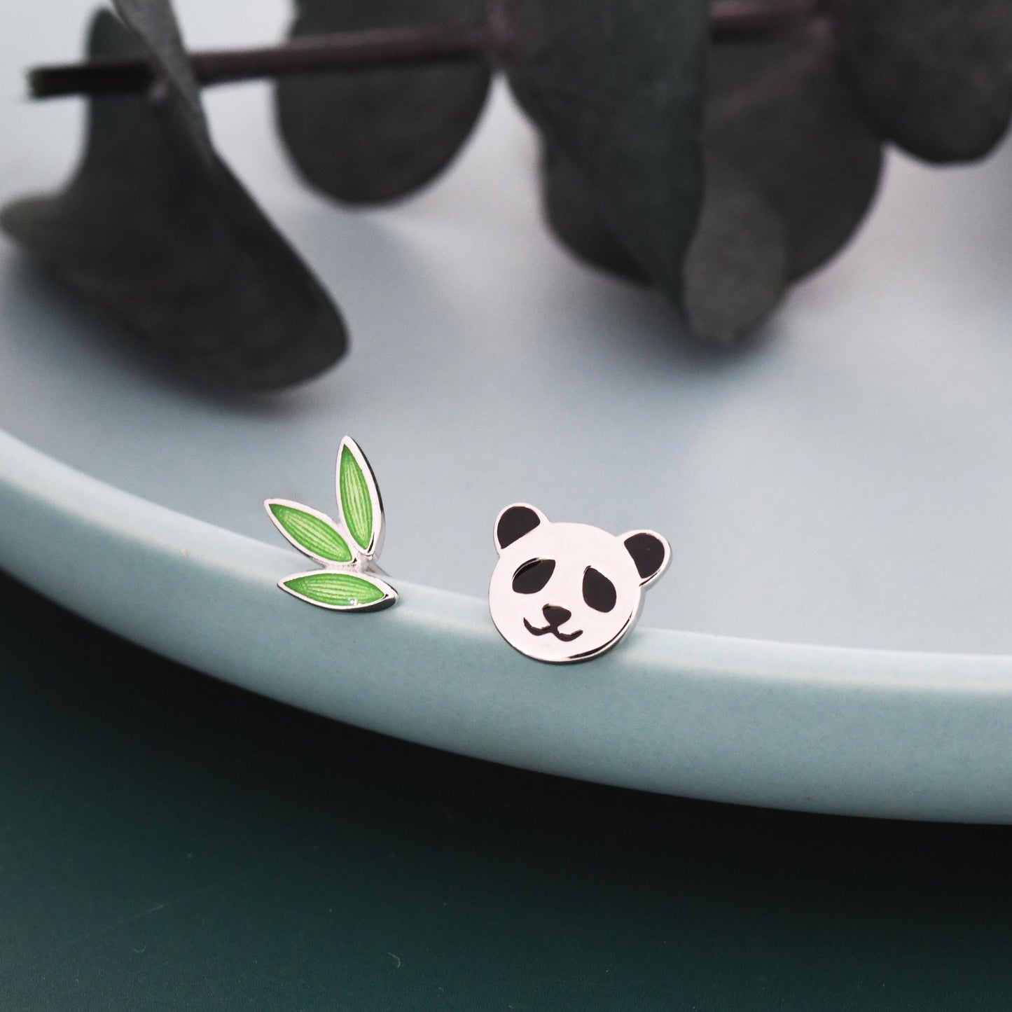 Mismatched Bamboo and Panda Leaf Stud Earrings in Sterling Silver, Asymmetric Panda and Bamboo Leaf Earrings, Nature Inspired