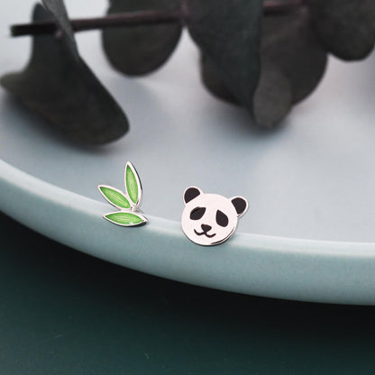 Mismatched Bamboo and Panda Leaf Stud Earrings in Sterling Silver, Asymmetric Panda and Bamboo Leaf Earrings, Nature Inspired