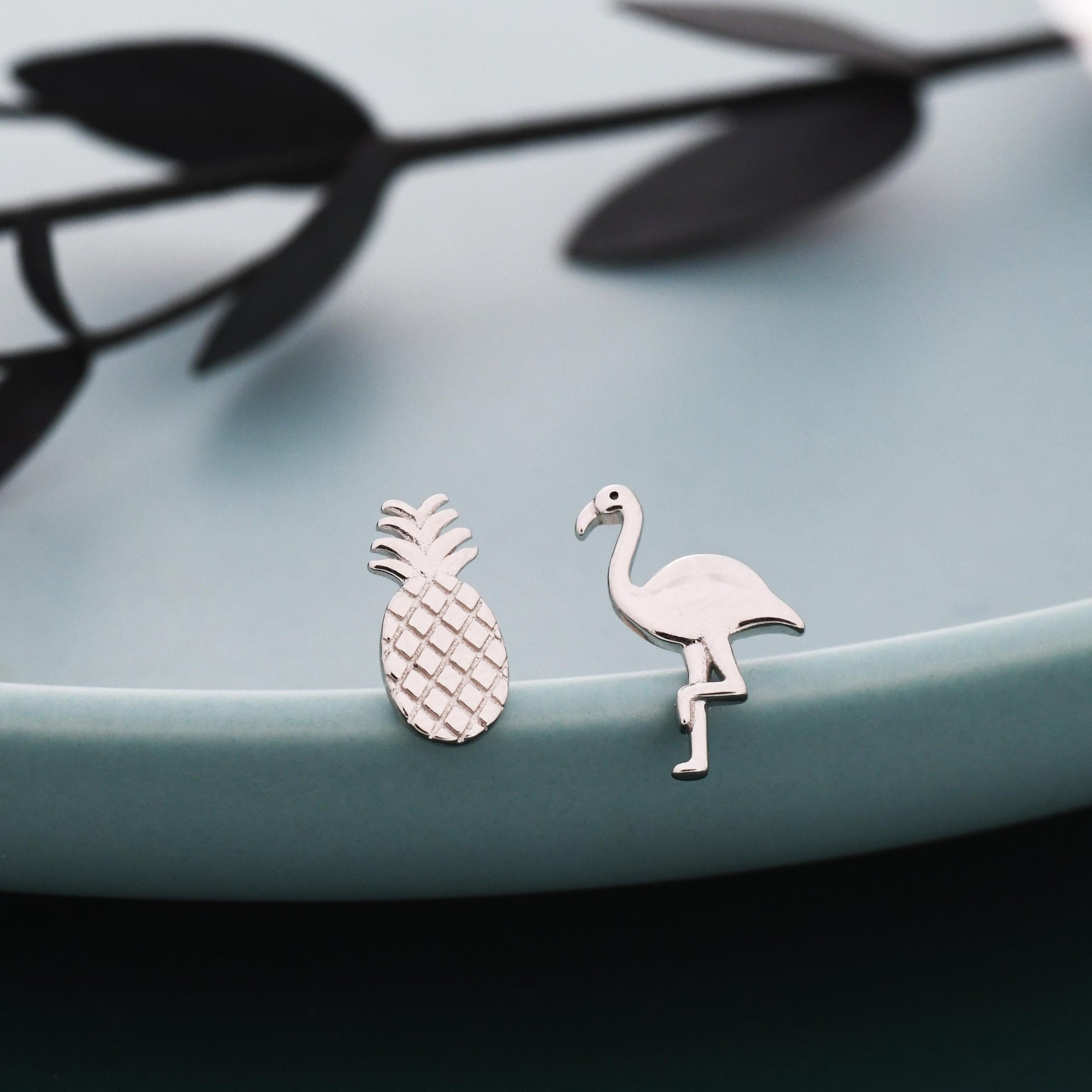 Mismatched Pineapple and Flamingo Stud Earrings in Sterling Silver - Asymmetric Cute Stud Earrings - Nature Inspired