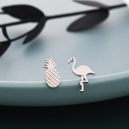 Mismatched Pineapple and Flamingo Stud Earrings in Sterling Silver - Asymmetric Cute Stud Earrings - Nature Inspired