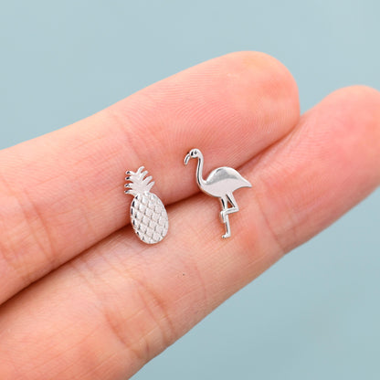 Mismatched Pineapple and Flamingo Stud Earrings in Sterling Silver - Asymmetric Cute Stud Earrings - Nature Inspired