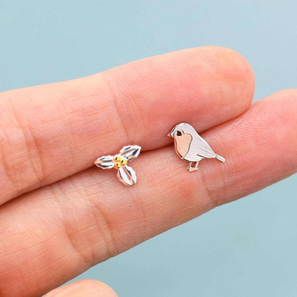 Mismatched Robin Bird and Holly Stud Earrings in Sterling Silver, Asymmetric Christmas Bird Earrings, Nature Inspired Earrings