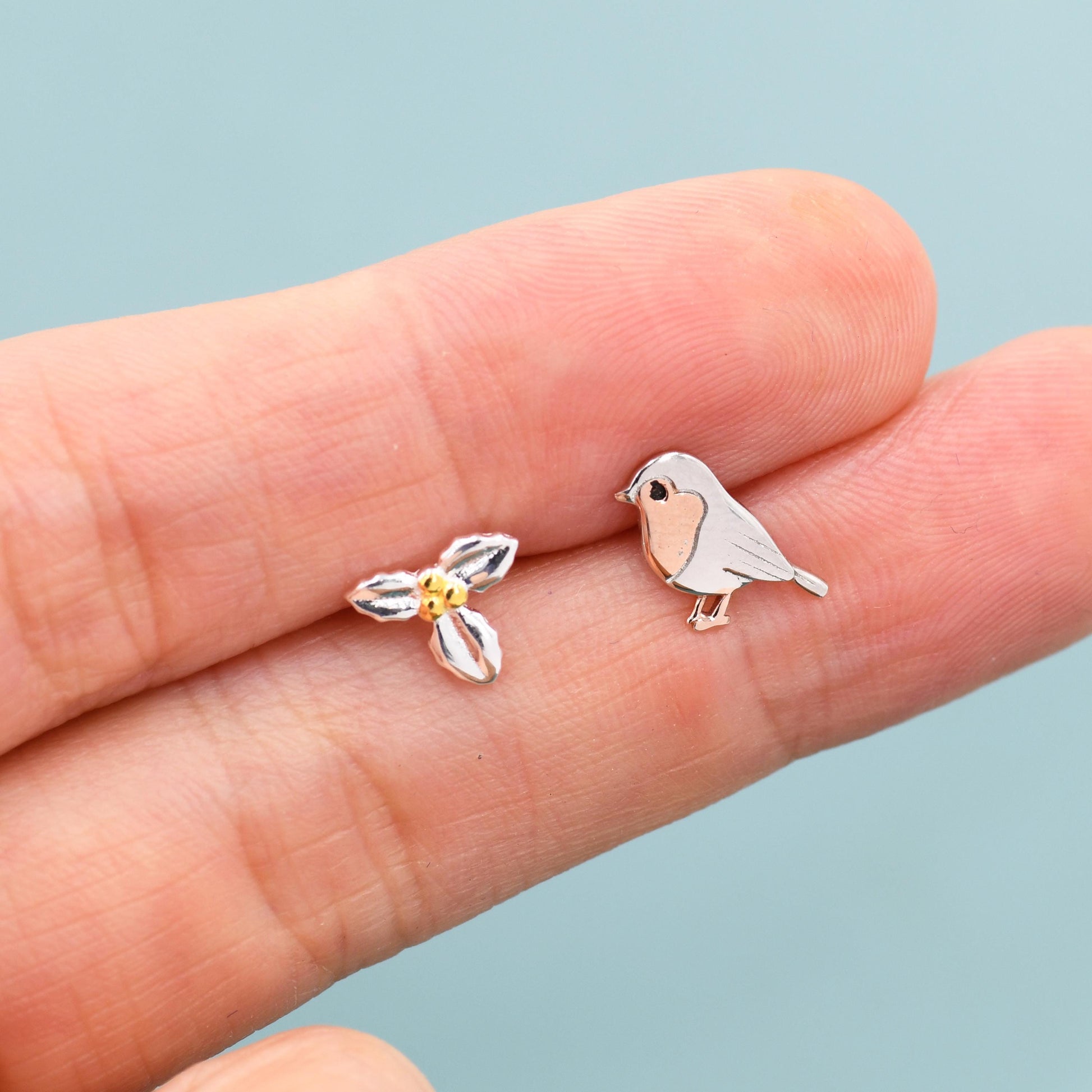 Mismatched Robin Bird and Holly Stud Earrings in Sterling Silver, Asymmetric Christmas Bird Earrings, Nature Inspired Earrings