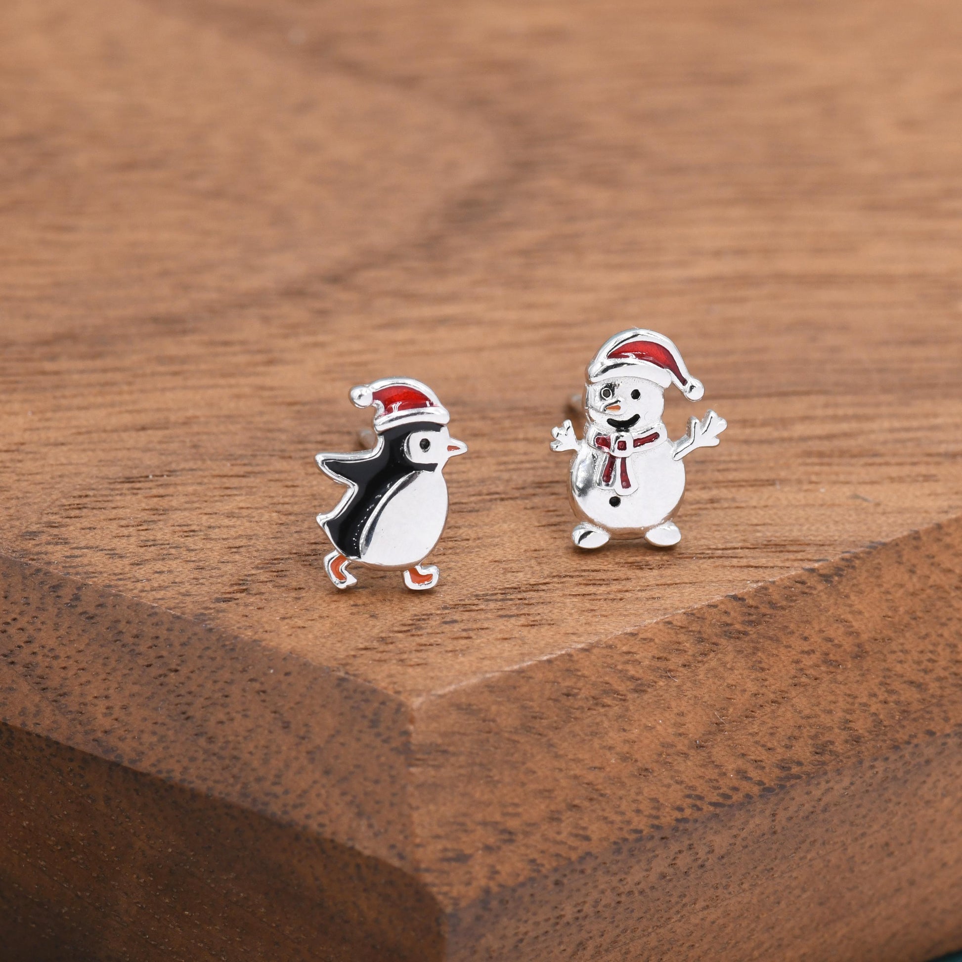 Mismatched Penguin and Snowman with Christmas Hat Stud Earrings in Sterling Silver, Asymmetric Winter Earrings, Christmas Earrings