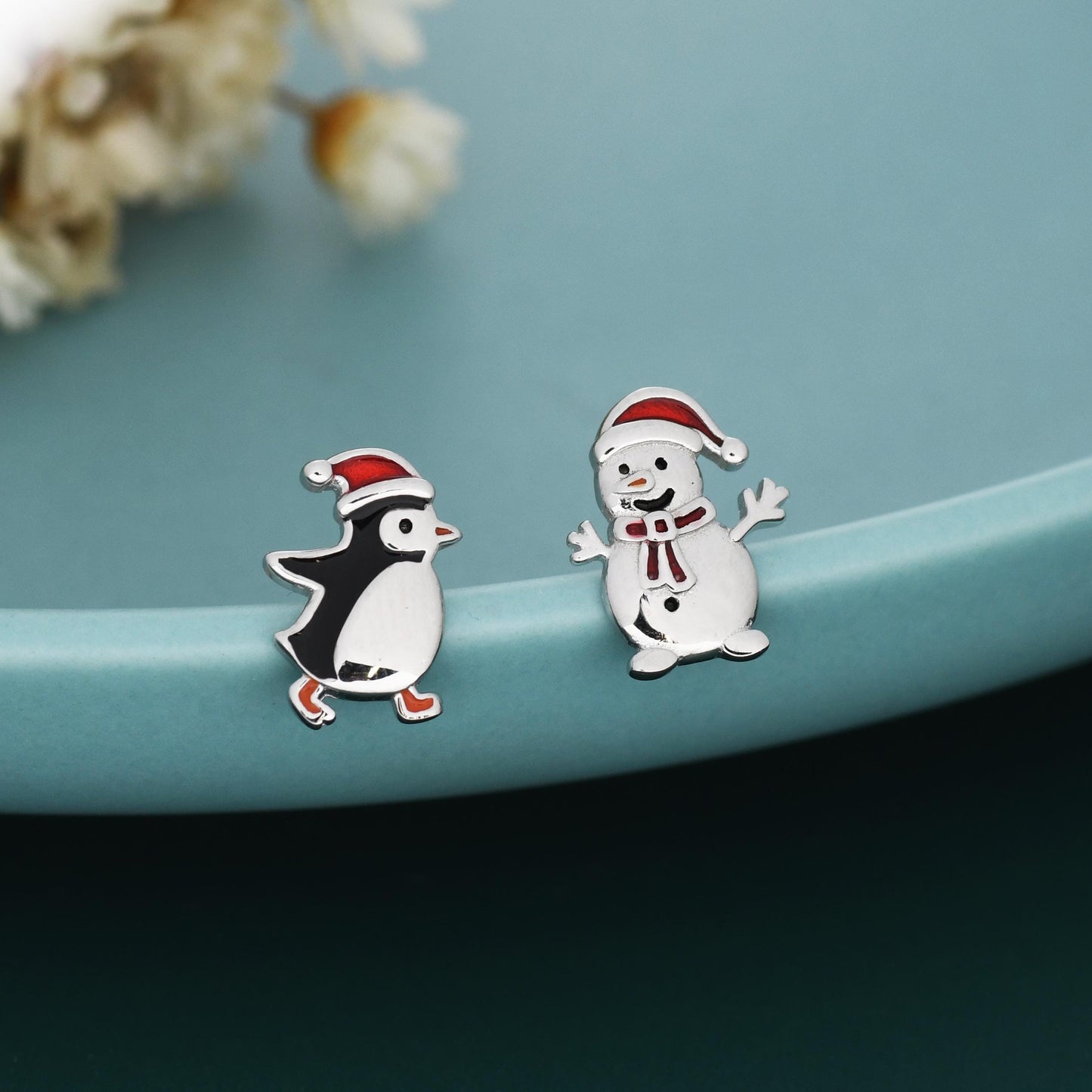 Mismatched Penguin and Snowman with Christmas Hat Stud Earrings in Sterling Silver, Asymmetric Winter Earrings, Christmas Earrings