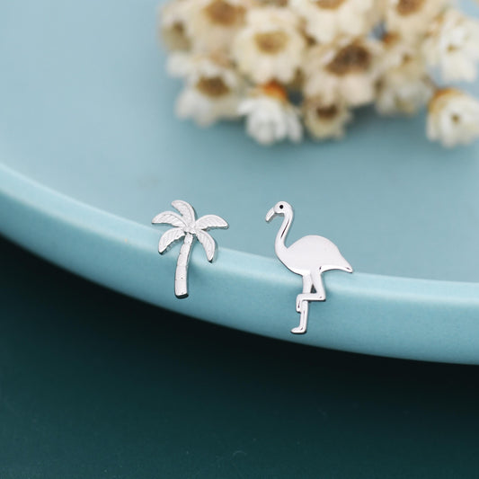 Mismatched Palm Tree and Flamingo Stud Earrings in Sterling Silver - Asymmetric Cute Stud Earrings - Nature Inspired