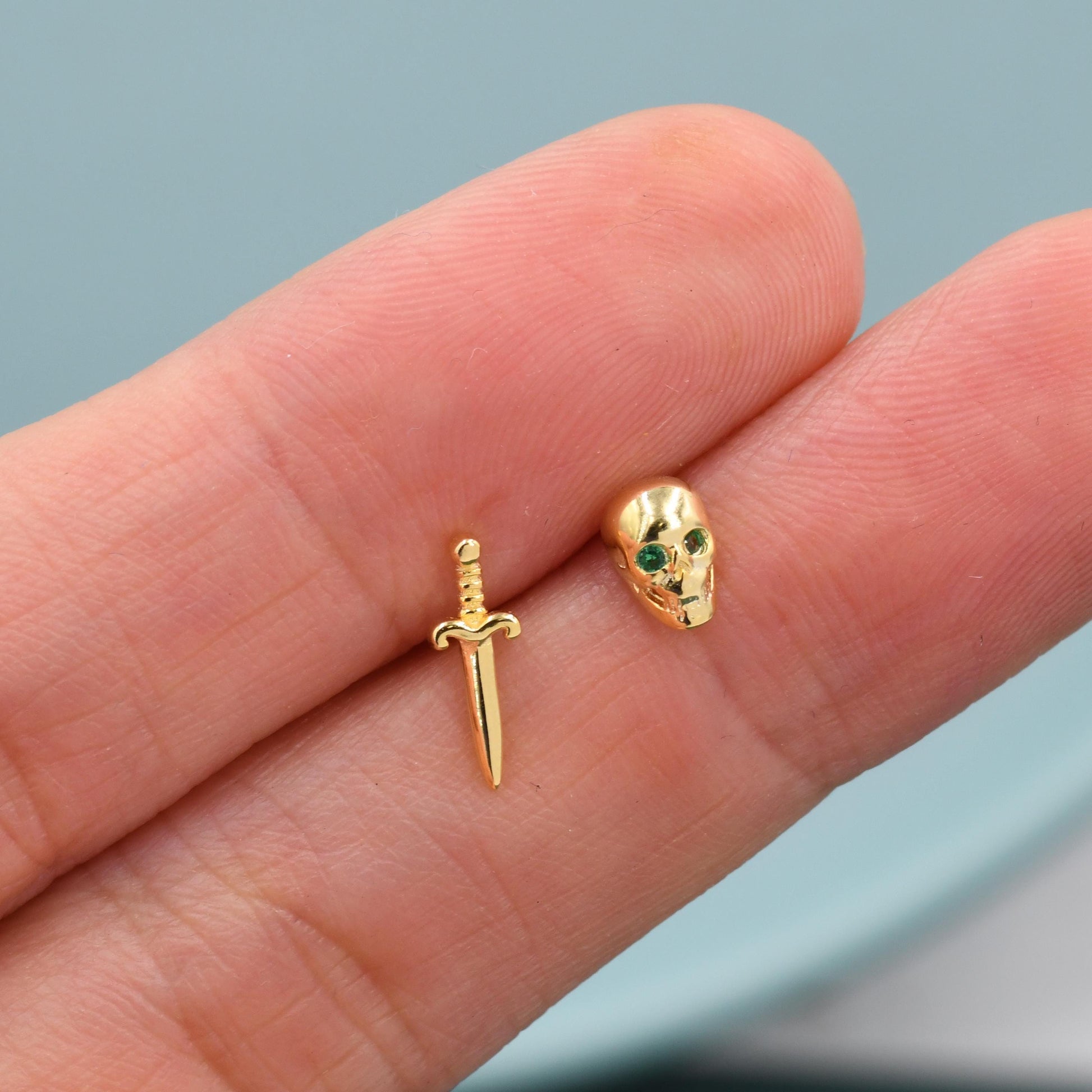 Mismatched Tiny Skull and Sword Stud Earrings in Sterling Silver, Also with Gold Finish, Asymmetric Sword and Skull Earrings