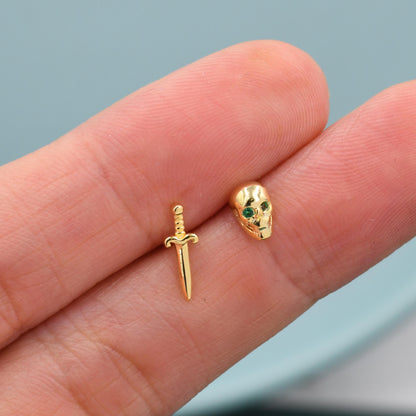 Mismatched Tiny Skull and Sword Stud Earrings in Sterling Silver, Also with Gold Finish, Asymmetric Sword and Skull Earrings