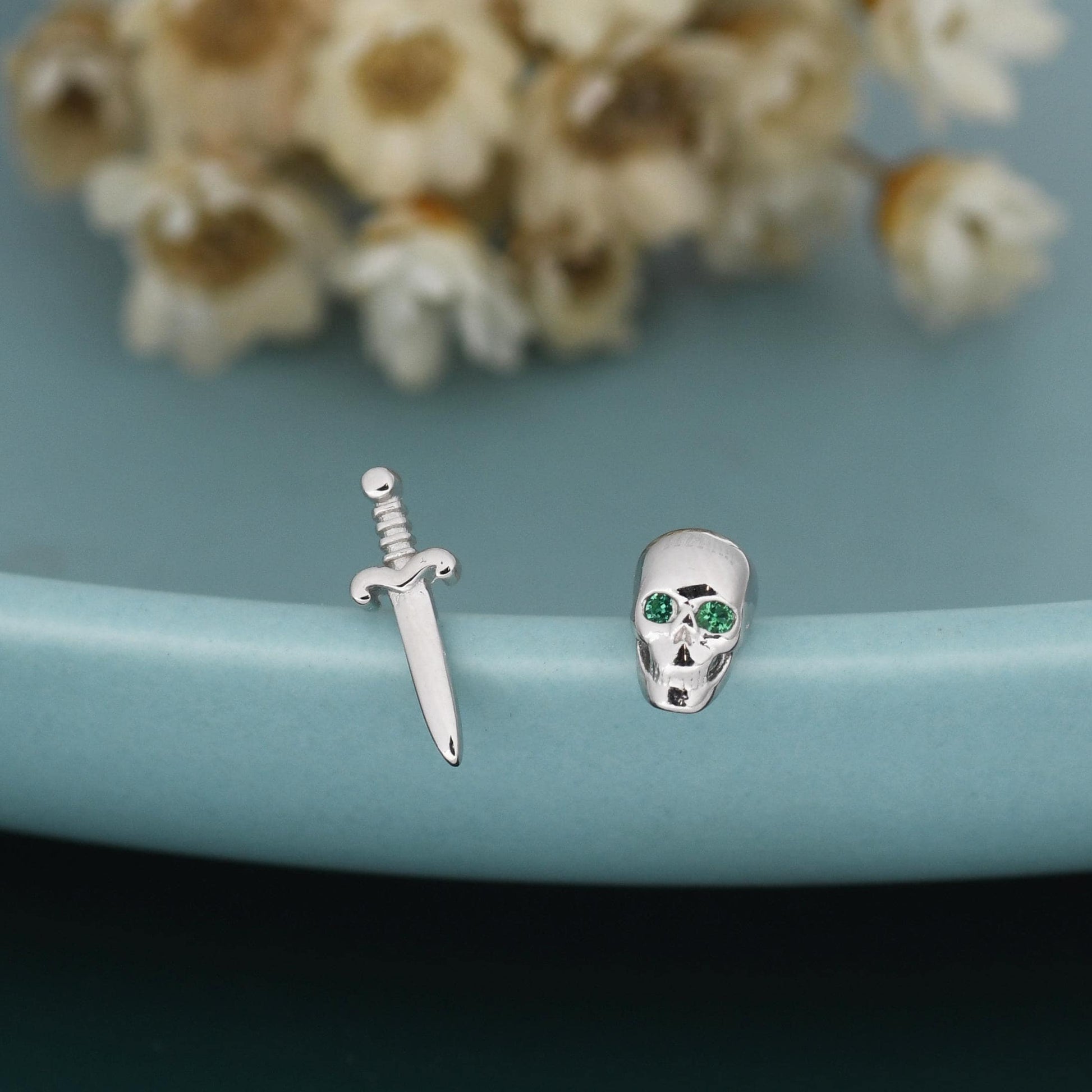 Mismatched Tiny Skull and Sword Stud Earrings in Sterling Silver, Also with Gold Finish, Asymmetric Sword and Skull Earrings