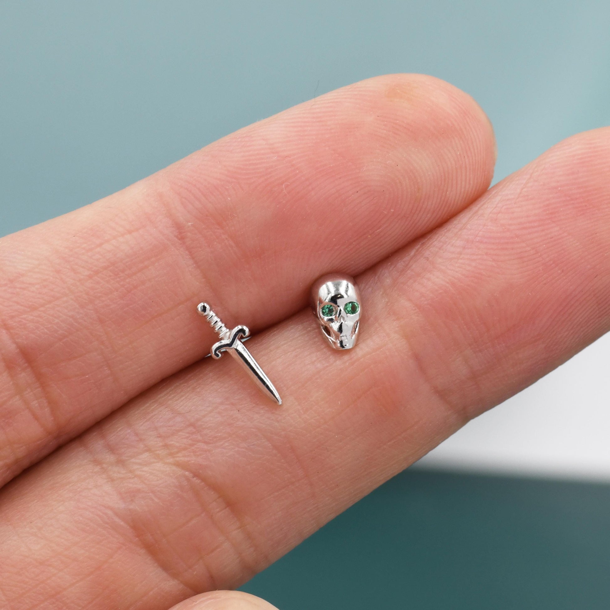 Mismatched Tiny Skull and Sword Stud Earrings in Sterling Silver, Also with Gold Finish, Asymmetric Sword and Skull Earrings