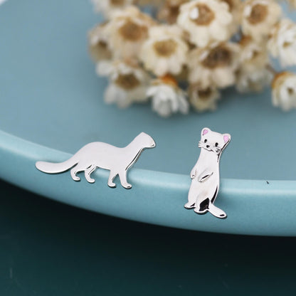 Mismatched Sterling Silver Cute Weasel Stud Earrings, Asymmetric Ferret Earrings, Cute Fun Quirky, Gift for Her, Nature Inspired