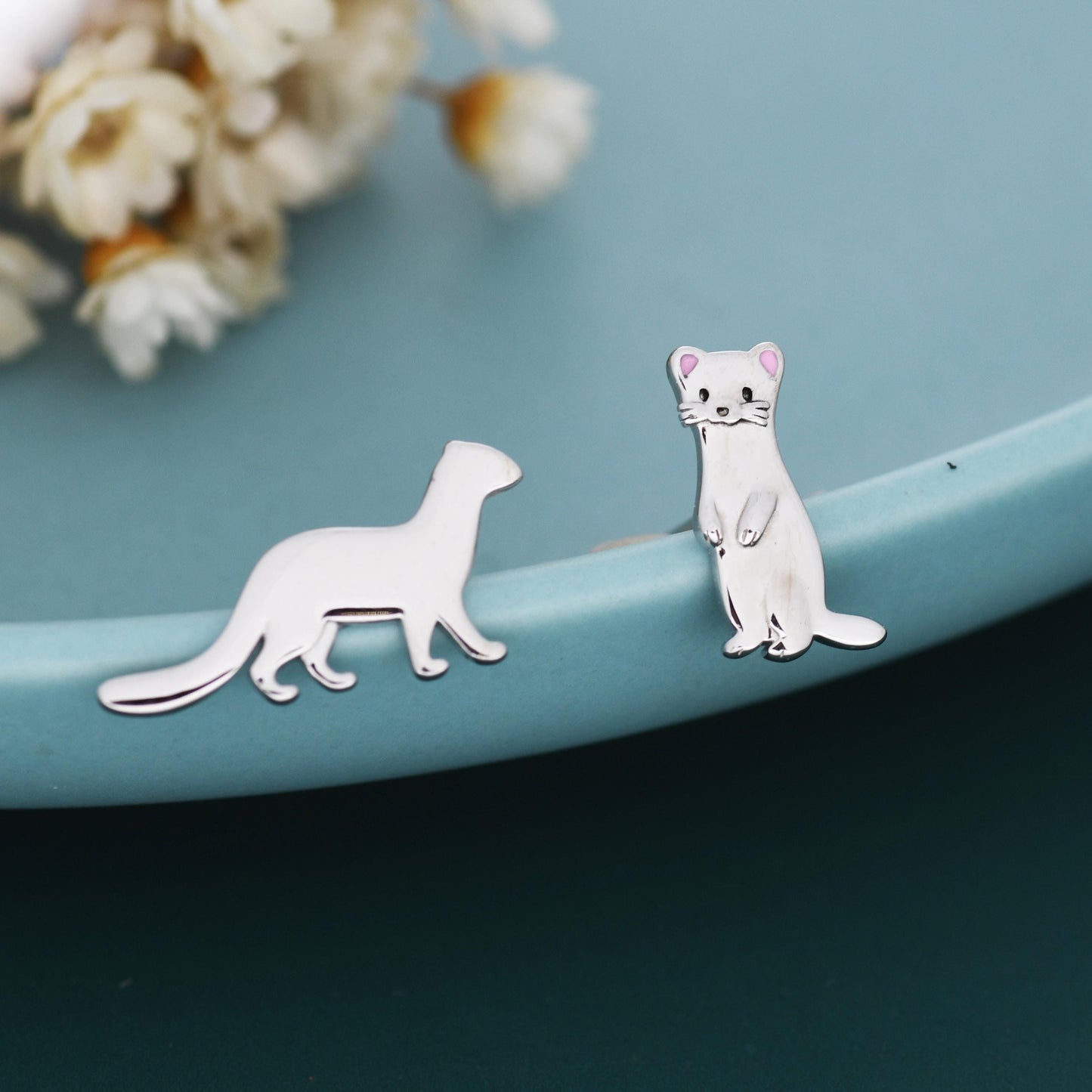 Mismatched Sterling Silver Cute Weasel Stud Earrings, Asymmetric Ferret Earrings, Cute Fun Quirky, Gift for Her, Nature Inspired