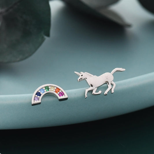 Mismatched Unicorn and Rainbow Stud Earrings in Sterling Silver, Silver or Gold Finish, Asymmetric Unicorn Earrings, Unicorn Horse Earrings