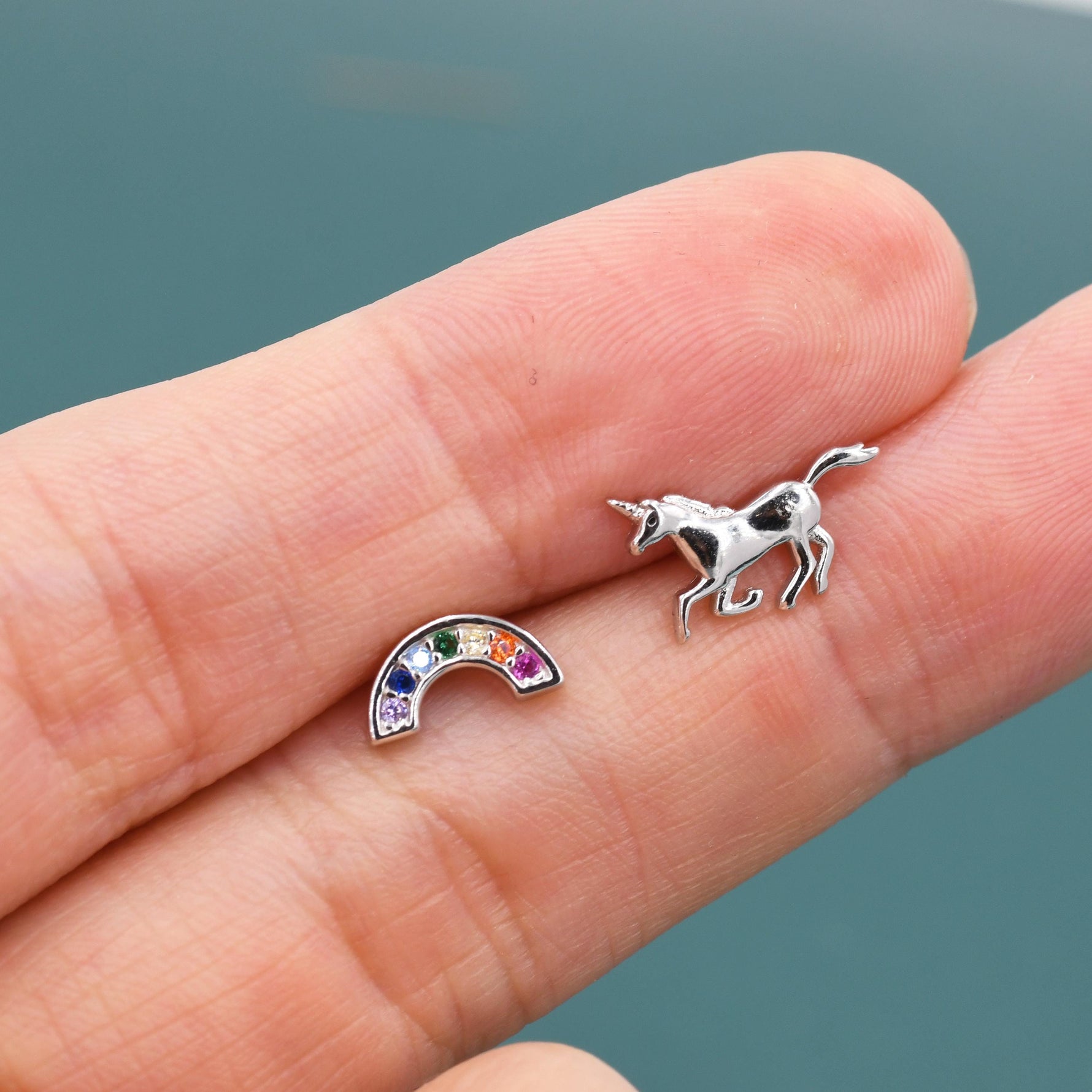Mismatched Unicorn and Rainbow Stud Earrings in Sterling Silver, Silver or Gold Finish, Asymmetric Unicorn Earrings, Unicorn Horse Earrings