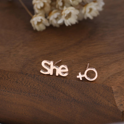 Mismatched Sterling Silver Female Symbol and She Stud Earrings, Silver, Gold or Rose Gold, Venus Earrings, Feminist Earrings