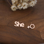 Mismatched Sterling Silver Female Symbol and She Stud Earrings, Silver, Gold or Rose Gold, Venus Earrings, Feminist Earrings