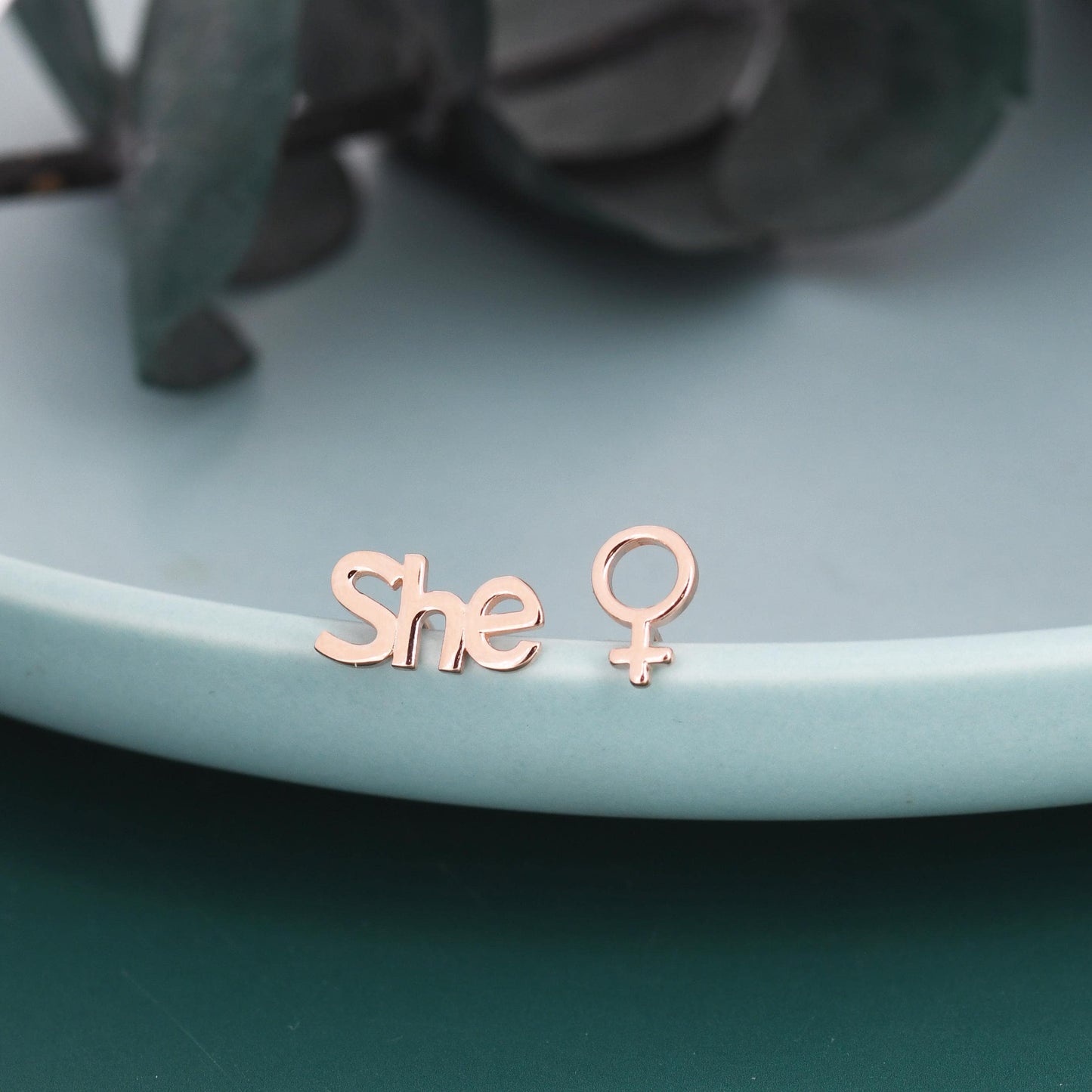 Mismatched Sterling Silver Female Symbol and She Stud Earrings, Silver, Gold or Rose Gold, Venus Earrings, Feminist Earrings