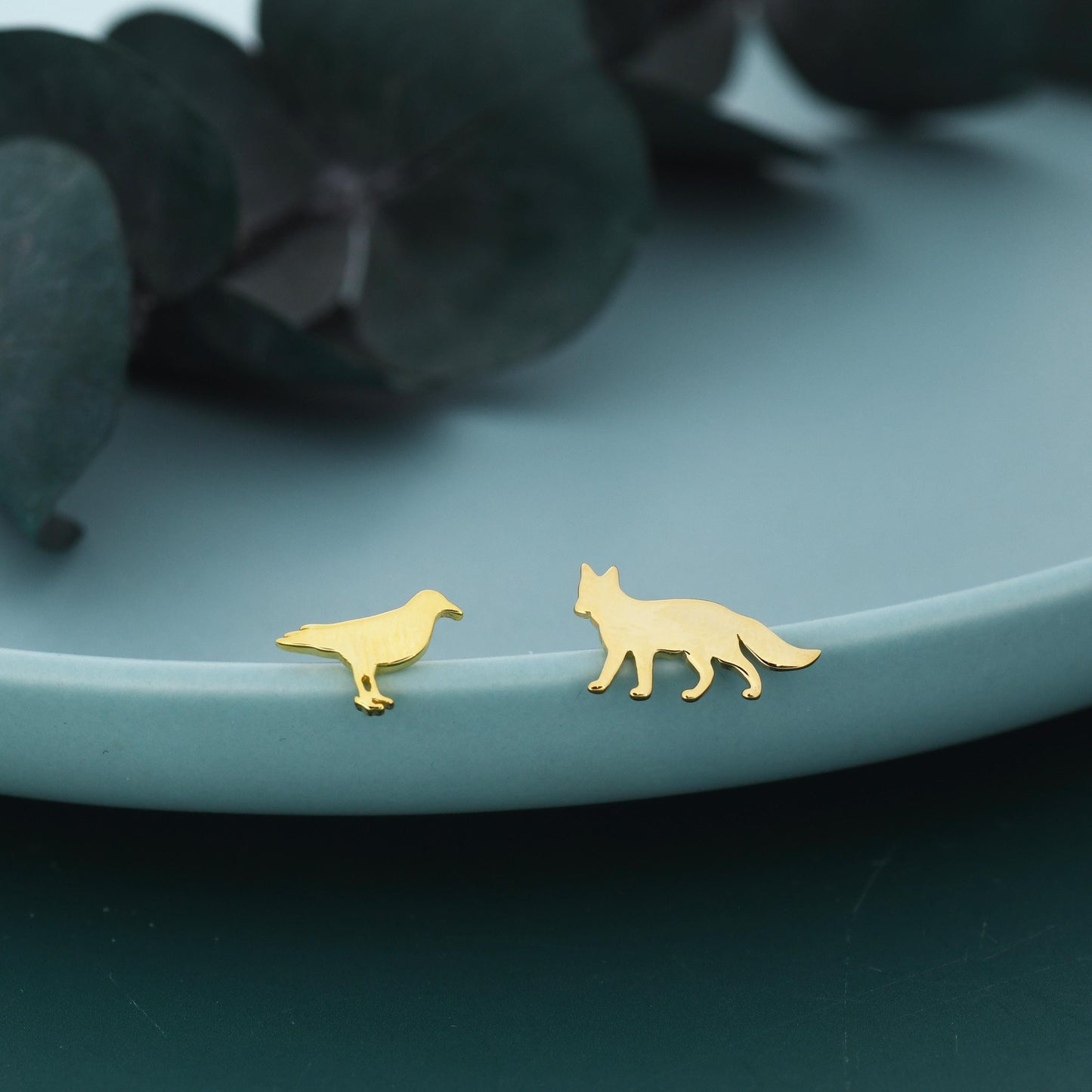 Mismatched Fox and Crow Stud Earrings in Sterling Silver, Cute Fun Quirky, Silver or Gold Finish, Gift for Her, Animal Lover