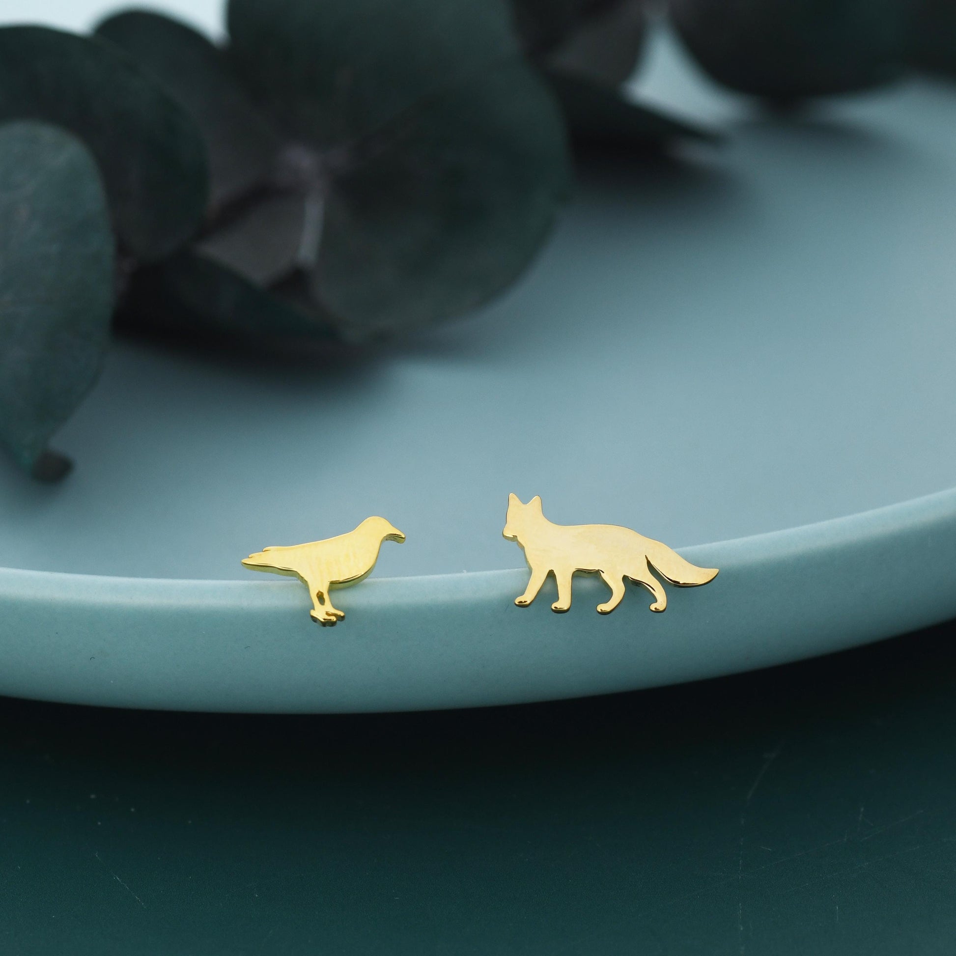 Mismatched Fox and Crow Stud Earrings in Sterling Silver, Cute Fun Quirky, Silver or Gold Finish, Gift for Her, Animal Lover