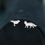 Mismatched Fox and Crow Stud Earrings in Sterling Silver, Cute Fun Quirky, Silver or Gold Finish, Gift for Her, Animal Lover