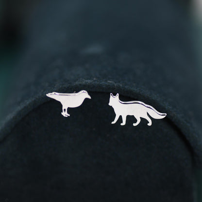 Mismatched Fox and Crow Stud Earrings in Sterling Silver, Cute Fun Quirky, Silver or Gold Finish, Gift for Her, Animal Lover